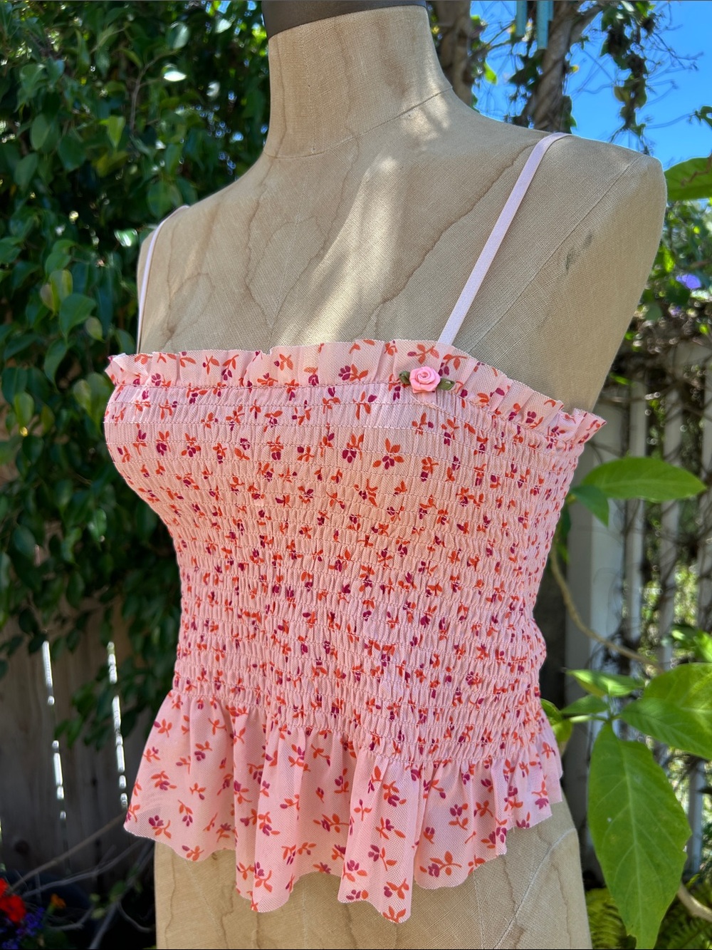 Anthropologie Pink Smocked Floral Ruffle Cami